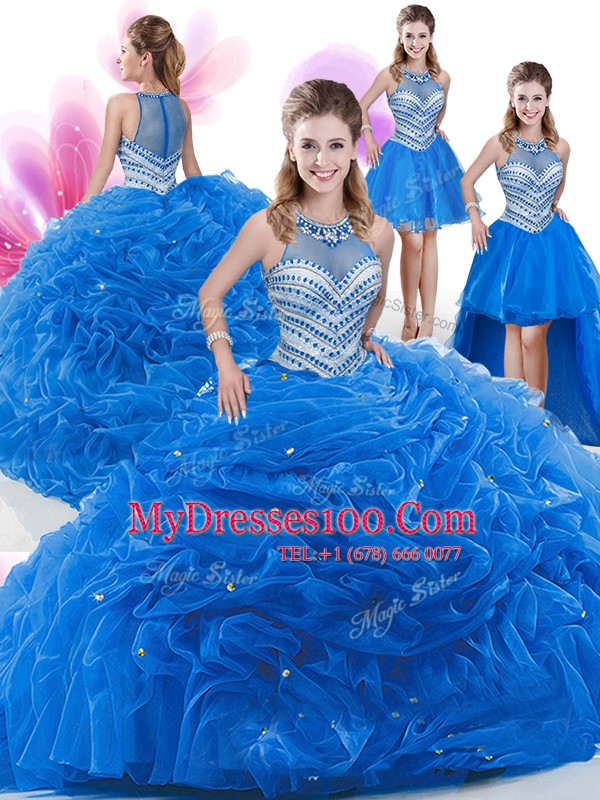 Four Piece High-neck Sleeveless Organza 15 Quinceanera Dress Beading and Pick Ups Zipper