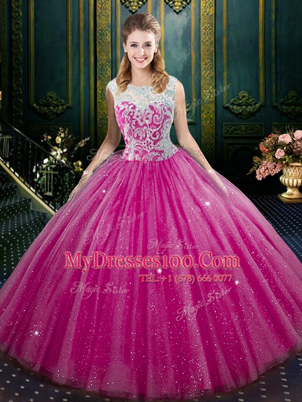 Best Selling Fuchsia Zipper Quince Ball Gowns Lace Sleeveless Floor Length