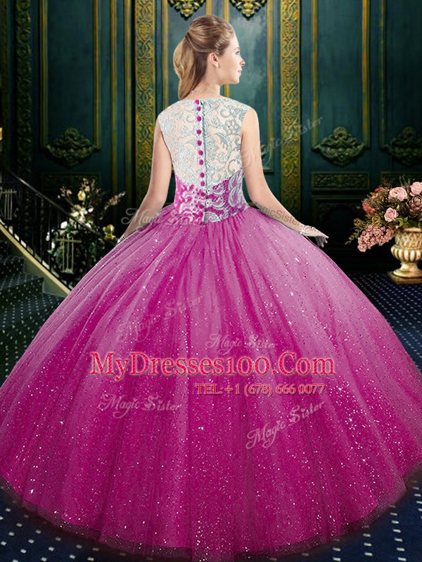 Best Selling Fuchsia Zipper Quince Ball Gowns Lace Sleeveless Floor Length