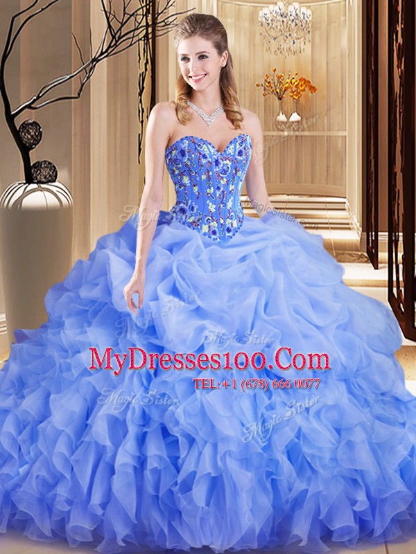 Flirting Lavender Sweetheart Lace Up Embroidery and Ruffles and Pick Ups 15 Quinceanera Dress Brush Train Sleeveless