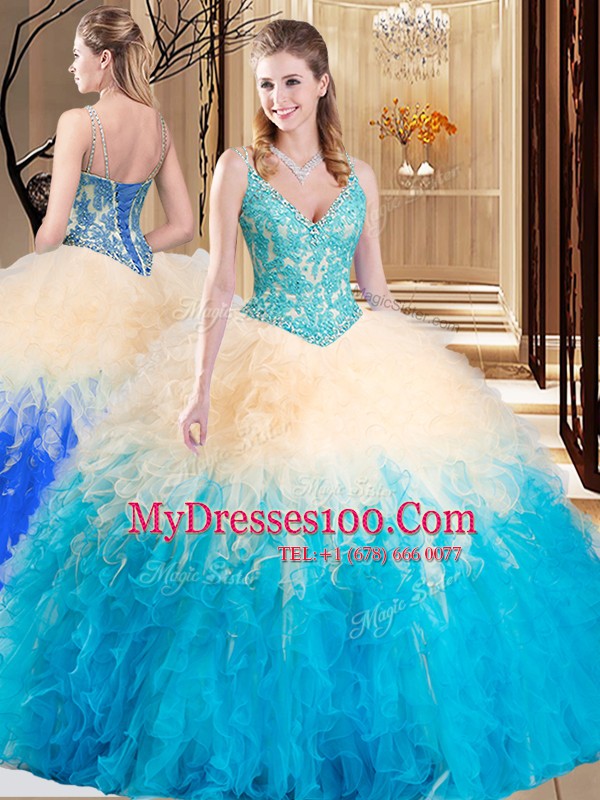 Multi-color Tulle Lace Up Sweet 16 Quinceanera Dress Sleeveless Floor Length Lace and Ruffles