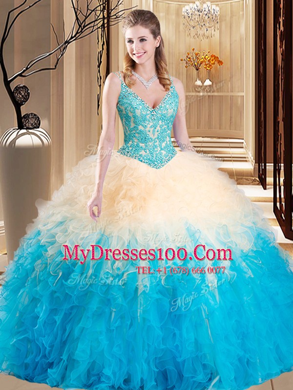 Multi-color Tulle Lace Up Sweet 16 Quinceanera Dress Sleeveless Floor Length Lace and Ruffles