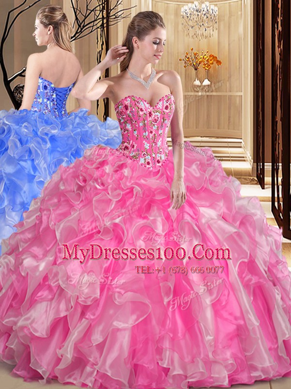 Wonderful Sleeveless Floor Length Embroidery and Ruffles Lace Up Quinceanera Gown with Rose Pink