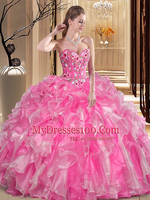 Wonderful Sleeveless Floor Length Embroidery and Ruffles Lace Up Quinceanera Gown with Rose Pink