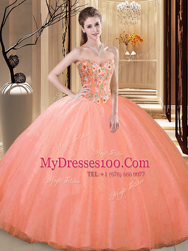Designer Ball Gowns Quinceanera Dresses Peach Sweetheart Tulle Sleeveless Floor Length Lace Up