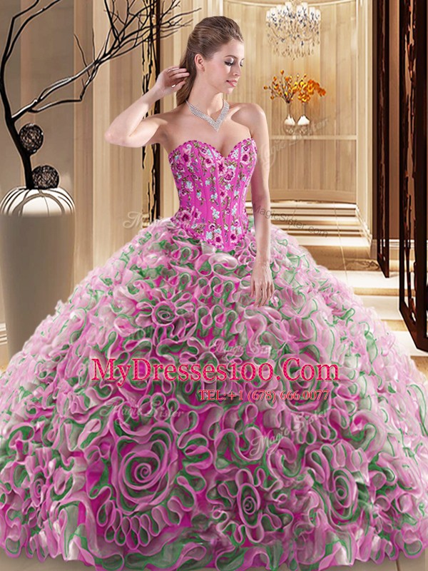 High Class Sweetheart Sleeveless Quince Ball Gowns With Brush Train Embroidery and Ruffles Multi-color Fabric With Rolling Flowers