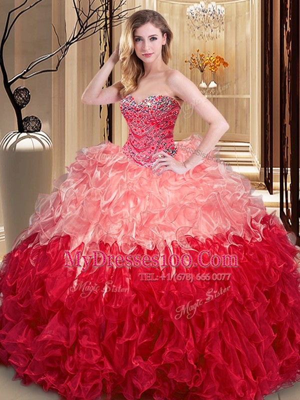 Multi-color Ball Gowns Organza Sweetheart Sleeveless Ruffles Floor Length Lace Up Quince Ball Gowns