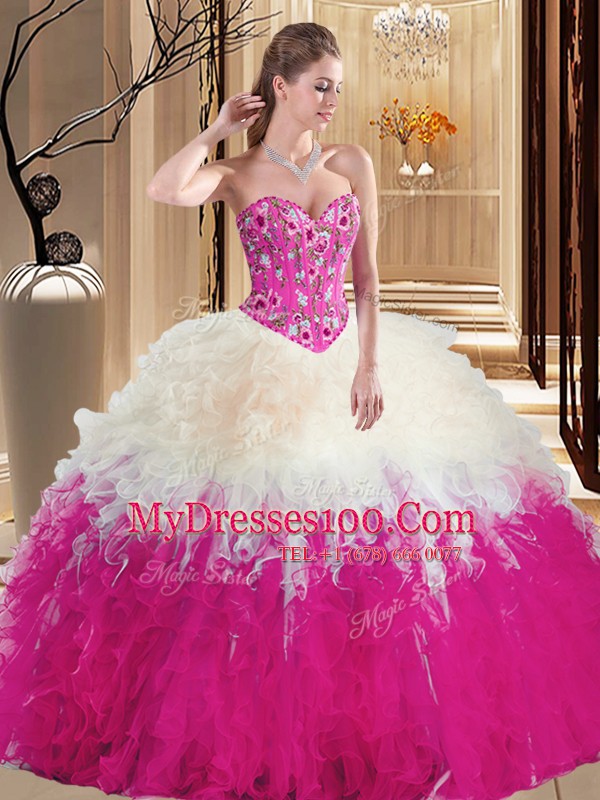 Fantastic Multi-color Sleeveless Embroidery and Ruffles Floor Length Quince Ball Gowns