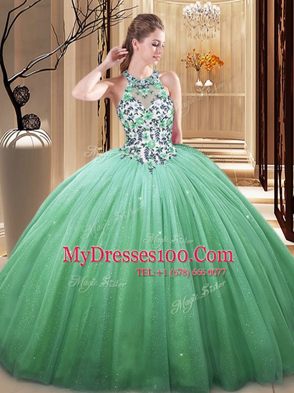 Captivating High-neck Sleeveless Tulle Sweet 16 Dresses Lace and Appliques Lace Up