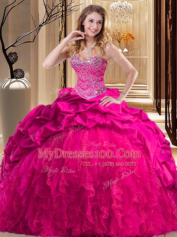 Customized Sweetheart Sleeveless Brush Train Lace Up Sweet 16 Quinceanera Dress Hot Pink Taffeta and Tulle
