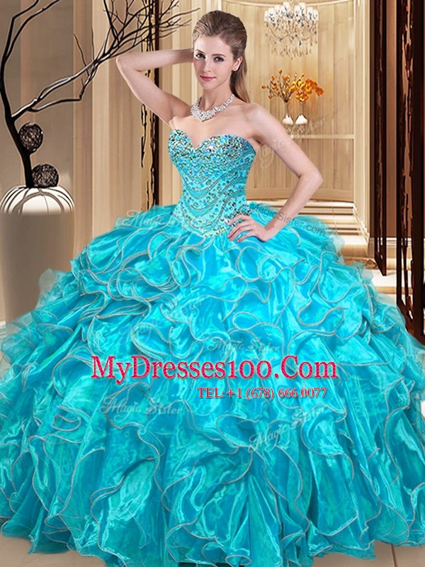 Excellent Aqua Blue Ball Gowns Beading and Ruffles Sweet 16 Quinceanera Dress Lace Up Organza Sleeveless Floor Length