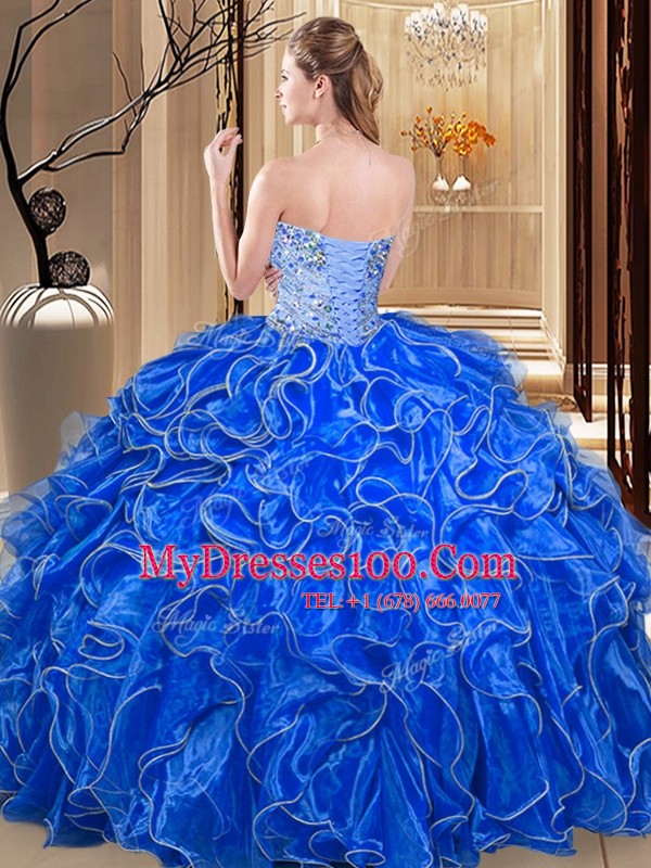 Excellent Aqua Blue Ball Gowns Beading and Ruffles Sweet 16 Quinceanera Dress Lace Up Organza Sleeveless Floor Length