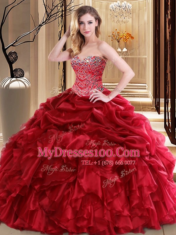 Floor Length Lace Up Ball Gown Prom Dress Red for Military Ball and Sweet 16 and Quinceanera with Beading and Pick Ups