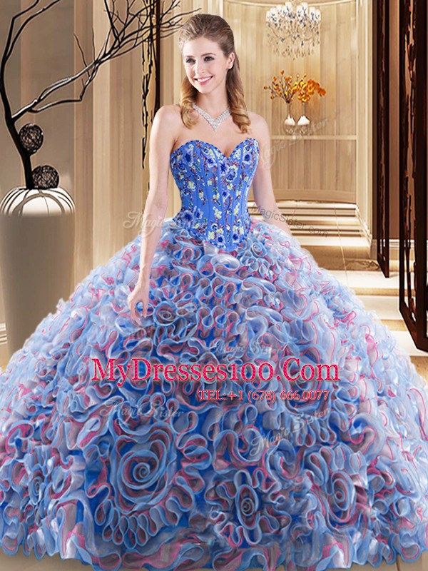 Sweetheart Sleeveless 15th Birthday Dress With Brush Train Embroidery and Ruffles Multi-color Fabric With Rolling Flowers