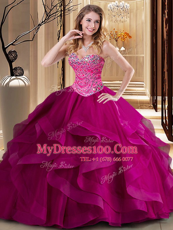 Fuchsia Lace Up Sweetheart Beading and Ruffles Sweet 16 Quinceanera Dress Tulle Sleeveless
