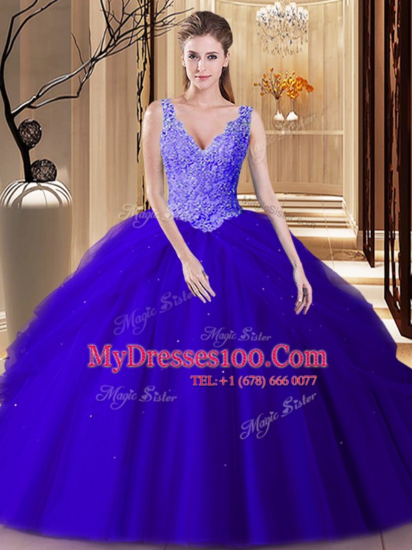 Tulle V-neck Sleeveless Backless Lace and Appliques and Pick Ups Sweet 16 Dress in Royal Blue