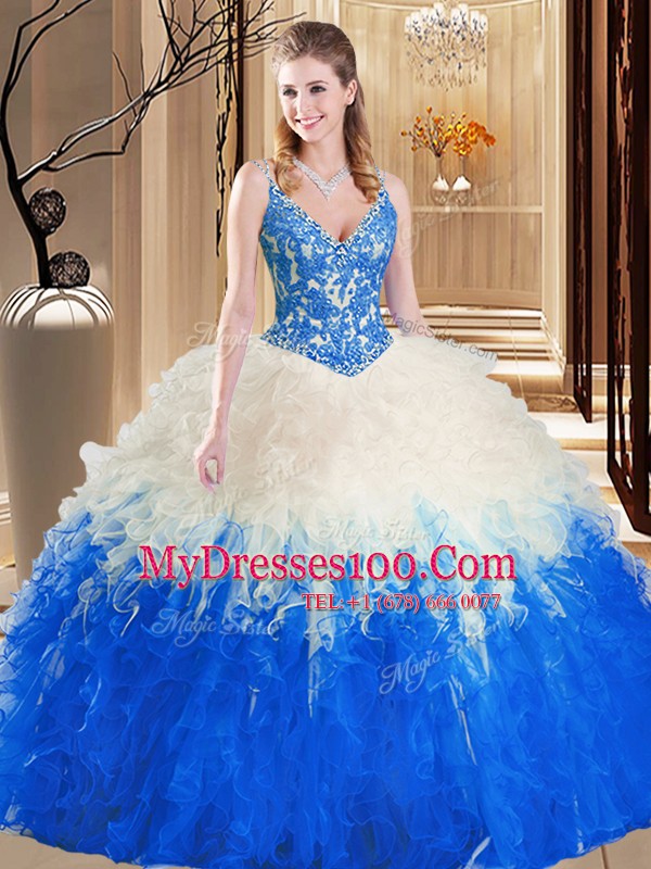 Chic Blue And White Straps Neckline Lace and Ruffles Sweet 16 Dresses Sleeveless Lace Up
