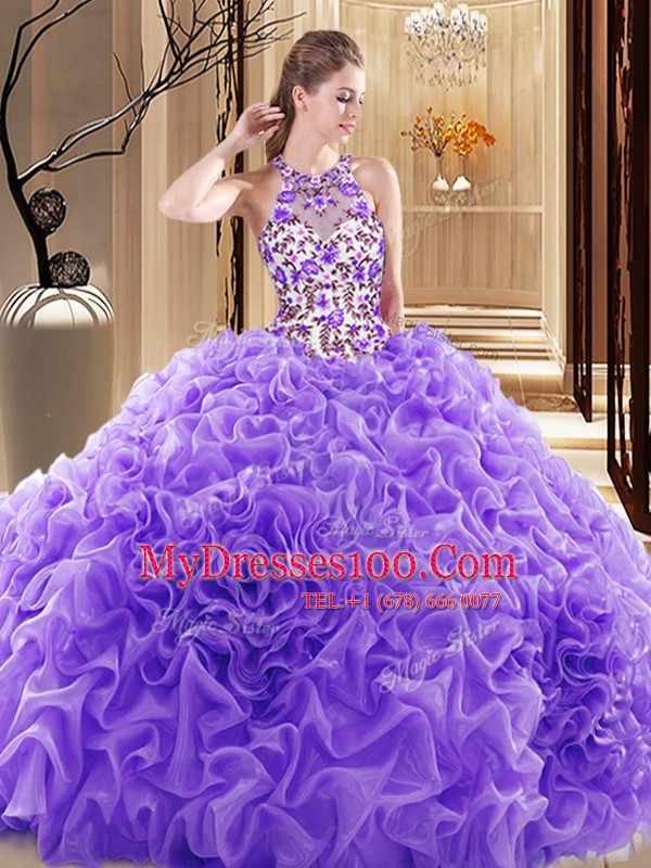Hot Selling Lavender Ball Gowns Embroidery and Ruffles Quinceanera Gown Backless Organza Sleeveless