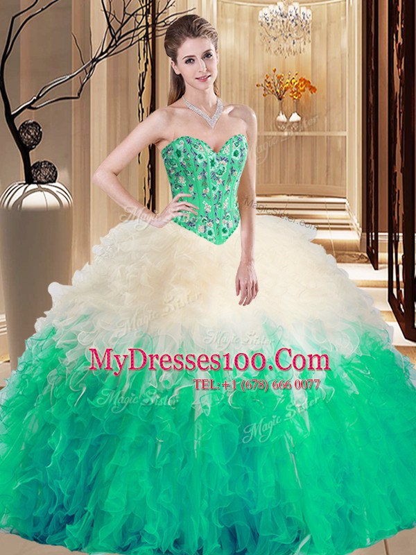 Great Multi-color Ball Gowns Sweetheart Sleeveless Tulle Floor Length Lace Up Embroidery and Ruffles 15 Quinceanera Dress