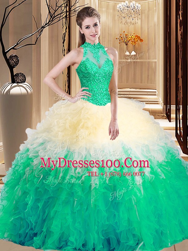 Multi-color Ball Gowns Organza High-neck Sleeveless Lace and Appliques and Ruffles Floor Length Backless Ball Gown Prom Dress