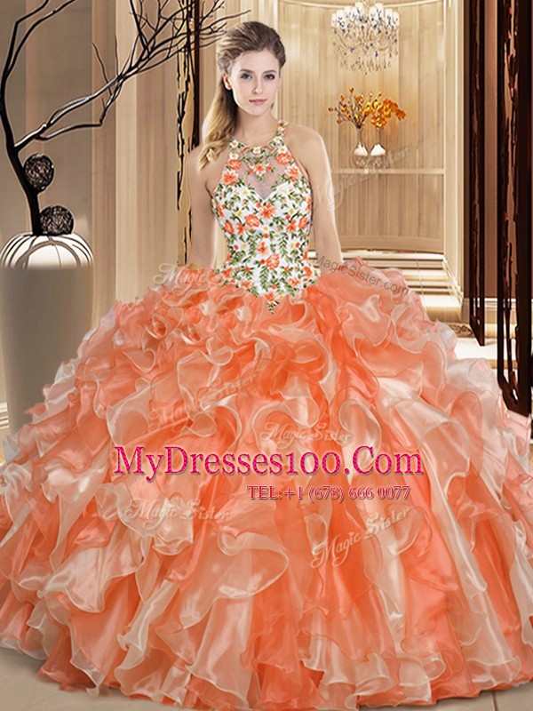 Orange Quinceanera Gown Military Ball and Sweet 16 and Quinceanera and For with Embroidery and Ruffles Scoop Sleeveless Backless