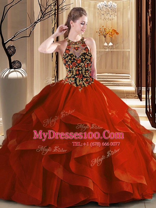 Rust Red Quinceanera Gown Scoop Sleeveless Brush Train Backless
