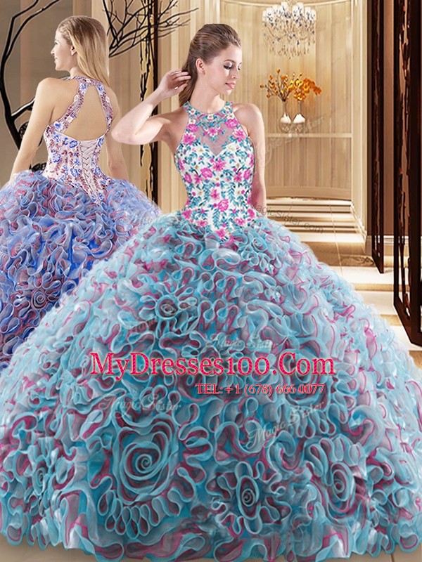 Custom Designed Criss Cross Fabric With Rolling Flowers Sleeveless Quince Ball Gowns Sweep Train and Ruffles and Pattern