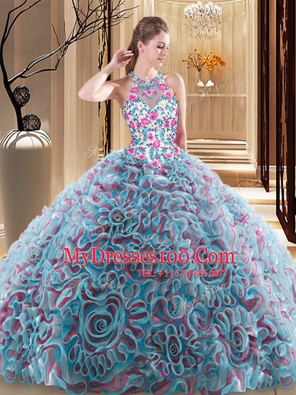 Custom Designed Criss Cross Fabric With Rolling Flowers Sleeveless Quince Ball Gowns Sweep Train and Ruffles and Pattern