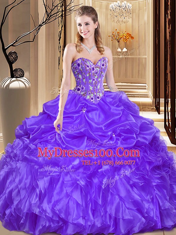 Purple Quinceanera Gown Military Ball and Sweet 16 and Quinceanera and For with Beading and Embroidery Sweetheart Sleeveless Lace Up