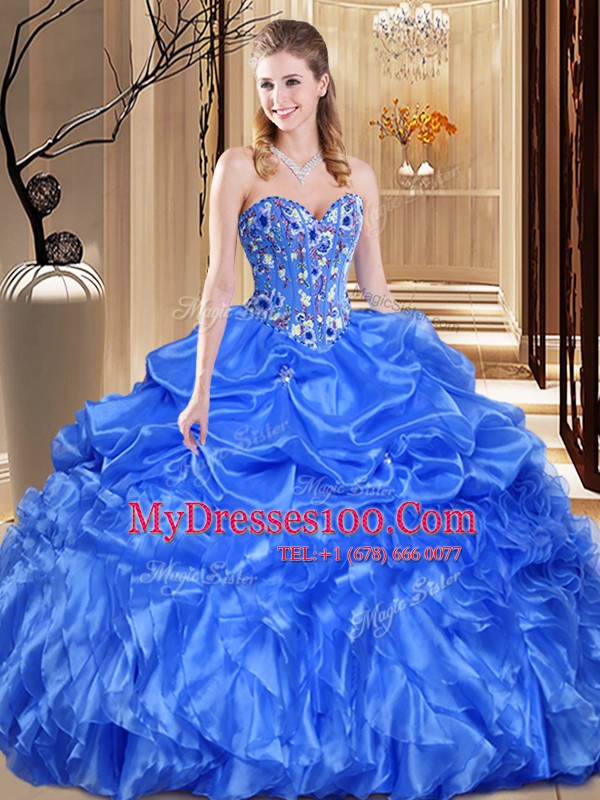Royal Blue Ball Gowns Lace and Appliques Sweet 16 Quinceanera Dress Lace Up Organza Sleeveless Floor Length
