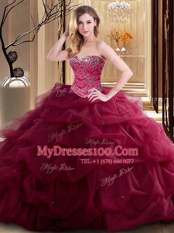 Custom Fit Beading and Ruffles Quinceanera Gown Burgundy Lace Up Sleeveless Floor Length