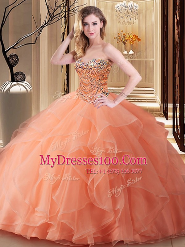 Noble Peach Sweetheart Neckline Beading Quince Ball Gowns Sleeveless Lace Up