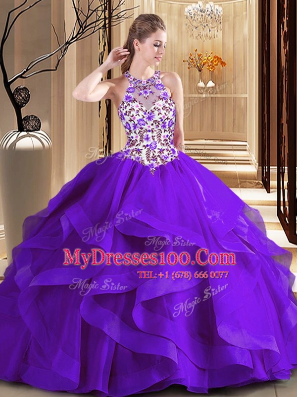 On Sale Scoop Lace Up 15th Birthday Dress Purple for Military Ball and Sweet 16 and Quinceanera with Embroidery Brush Train