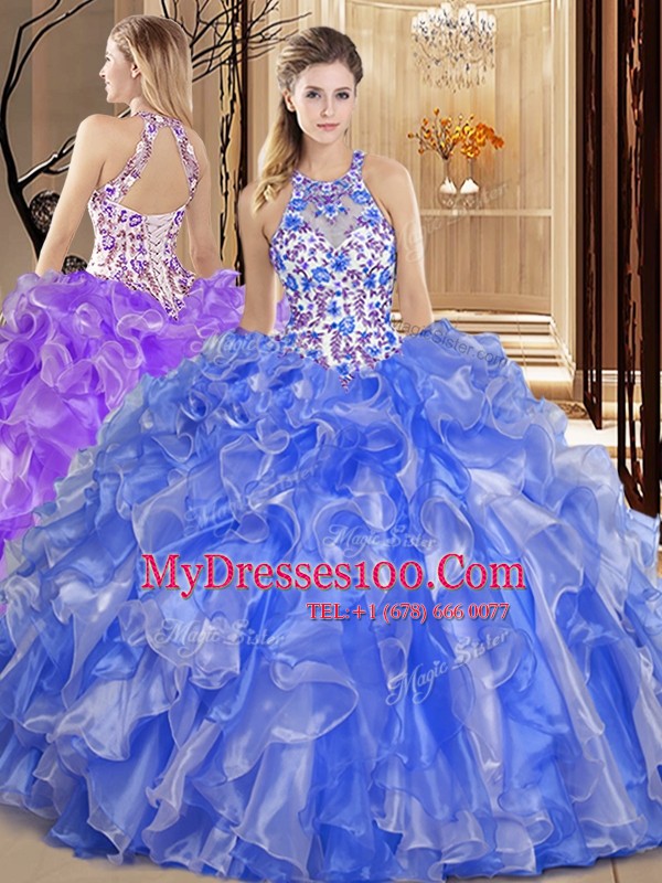 Hot Sale Scoop Blue Sleeveless Organza Backless Quinceanera Gown for Military Ball and Sweet 16 and Quinceanera