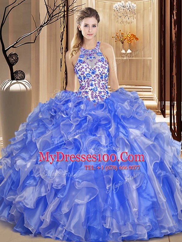 Hot Sale Scoop Blue Sleeveless Organza Backless Quinceanera Gown for Military Ball and Sweet 16 and Quinceanera