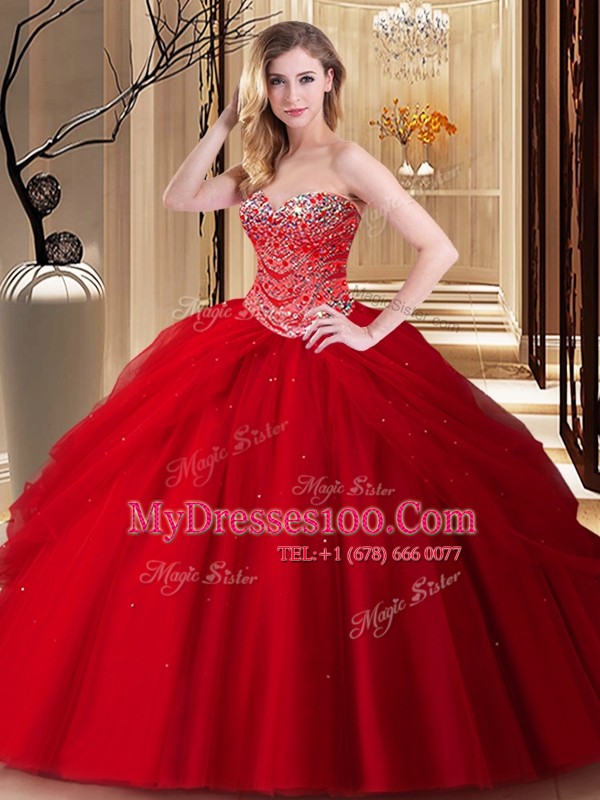 Customized Red Ball Gowns Sweetheart Sleeveless Tulle Floor Length Lace Up Beading Quince Ball Gowns