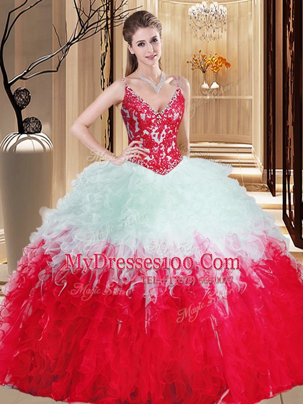 Decent Straps Floor Length Ball Gowns Sleeveless White And Red Quinceanera Gown Lace Up