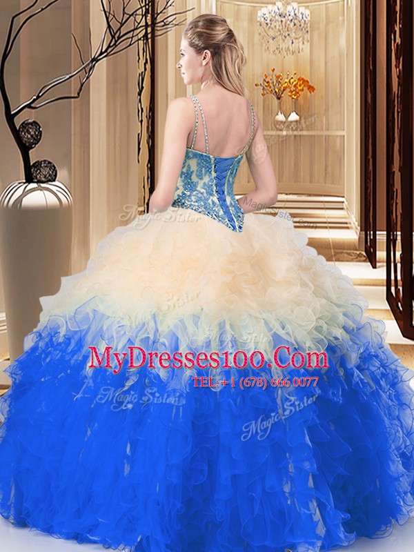 Decent Straps Floor Length Ball Gowns Sleeveless White And Red Quinceanera Gown Lace Up