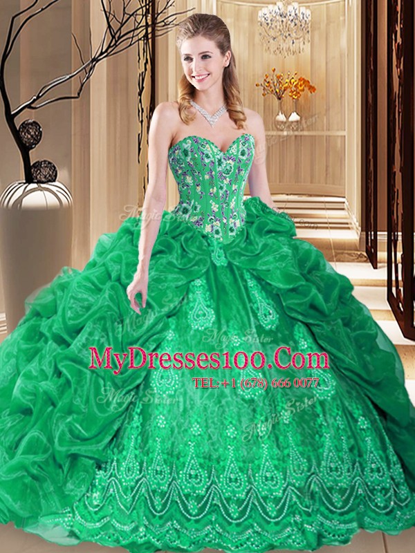 Sleeveless Organza Court Train Lace Up Quinceanera Dress in Green with Embroidery and Pick Ups