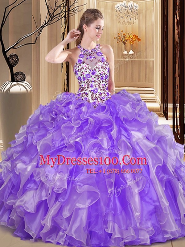 Organza Scoop Sleeveless Backless Embroidery and Ruffles Vestidos de Quinceanera in Lavender