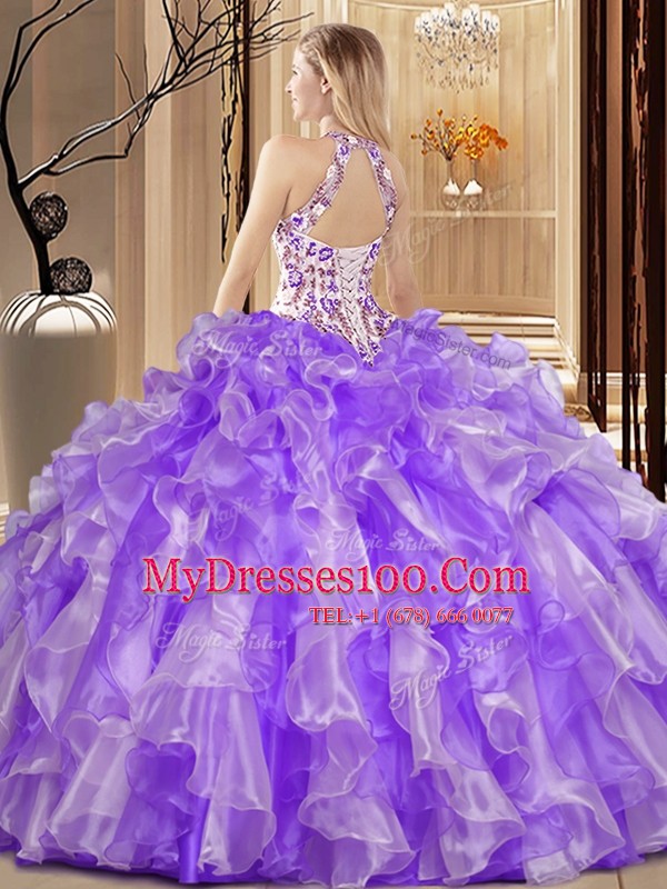 Organza Scoop Sleeveless Backless Embroidery and Ruffles Vestidos de Quinceanera in Lavender