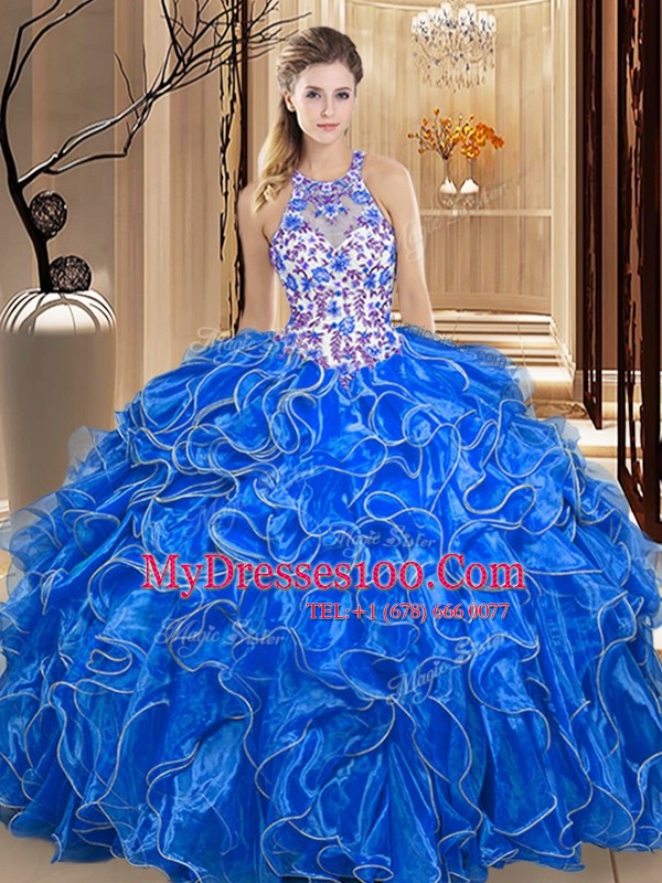 Scoop Royal Blue Organza Backless Vestidos de Quinceanera Sleeveless Floor Length Embroidery and Ruffles