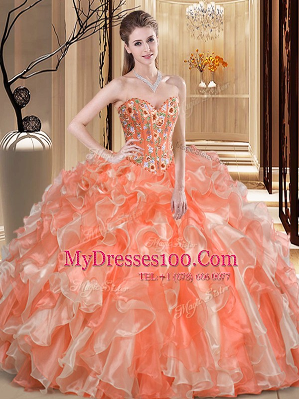Orange Sleeveless Floor Length Beading and Ruffles Lace Up Sweet 16 Quinceanera Dress