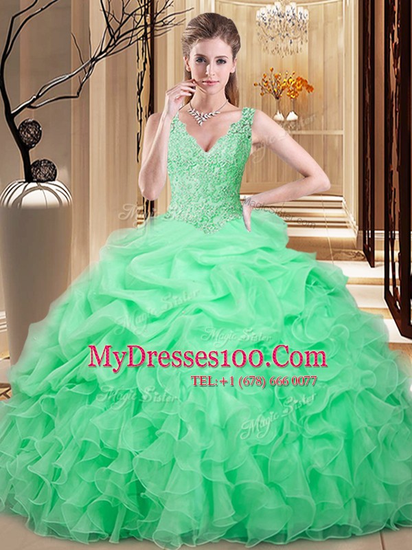 Pretty Sleeveless Backless Floor Length Lace and Appliques and Pick Ups Sweet 16 Dresses