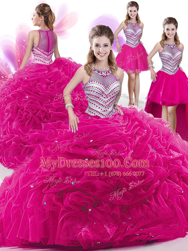 Four Piece Pick Ups Floor Length Hot Pink Quinceanera Dresses High-neck Sleeveless Zipper