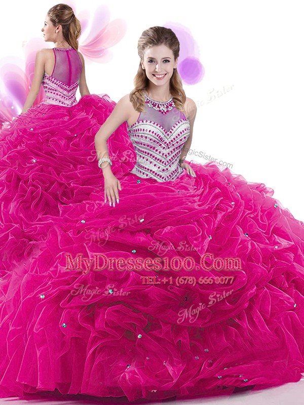 Four Piece Pick Ups Floor Length Hot Pink Quinceanera Dresses High-neck Sleeveless Zipper