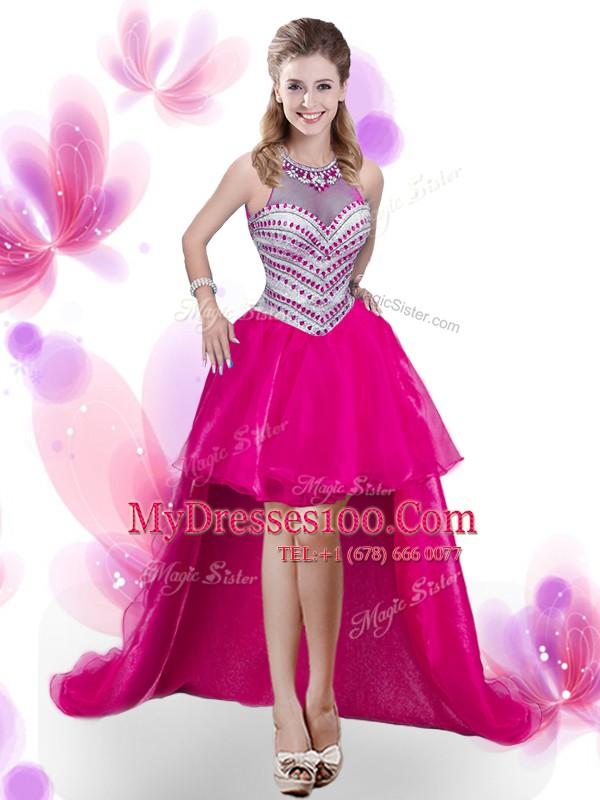 Four Piece Pick Ups Floor Length Hot Pink Quinceanera Dresses High-neck Sleeveless Zipper