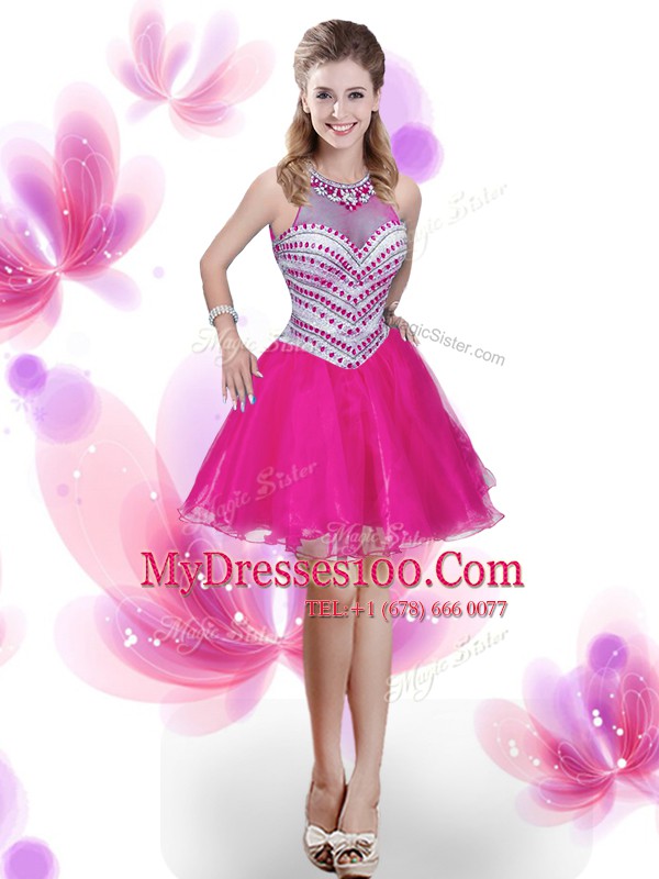 Four Piece Pick Ups Floor Length Hot Pink Quinceanera Dresses High-neck Sleeveless Zipper