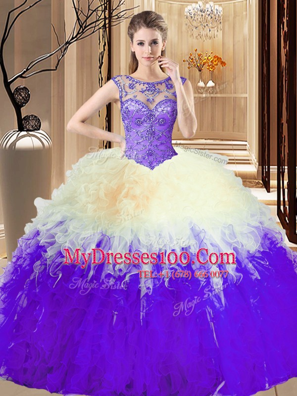 Backless Floor Length Multi-color Quinceanera Dress Tulle Sleeveless Beading and Ruffles