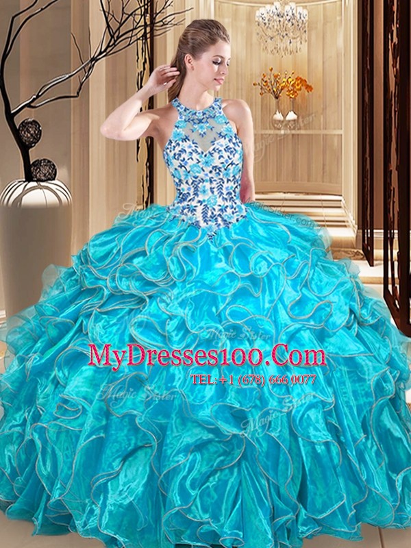 Scoop Backless Floor Length Teal Sweet 16 Dress Organza Sleeveless Embroidery and Ruffles